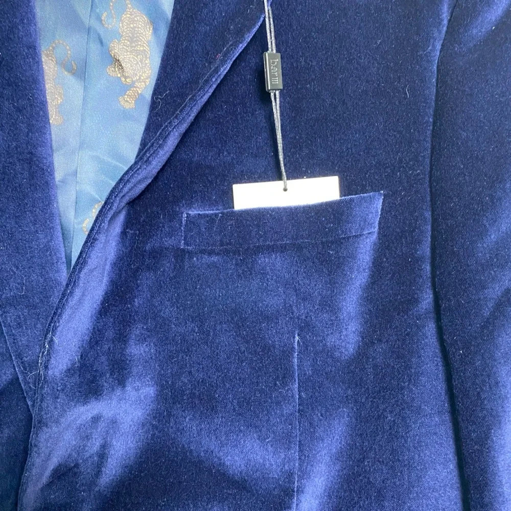 bar III Mens Slim Fit Velvet Blazer Jacket Blue Tiger‎ Print Lined 40R Holiday